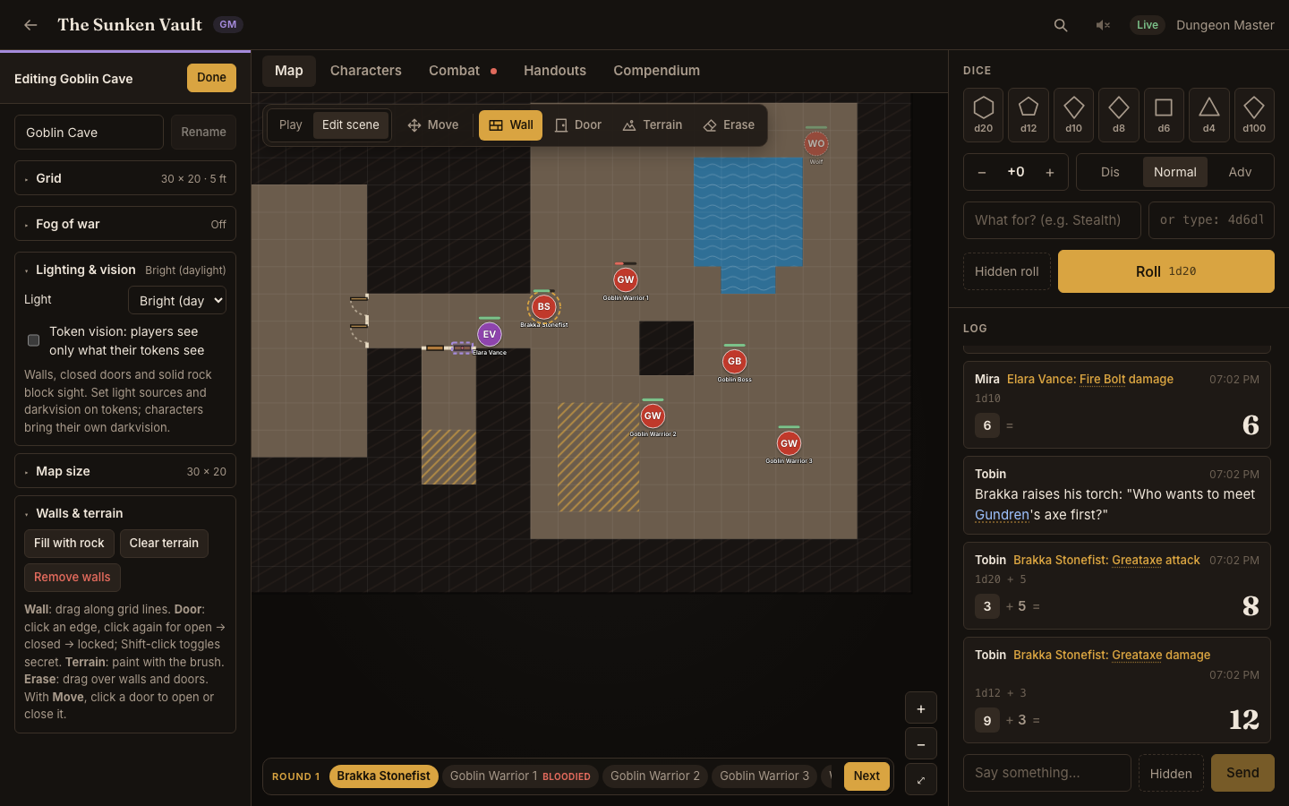 The GM preparing a scene: walls, doors and terrain on a cave map, with the scene settings in the sidebar.