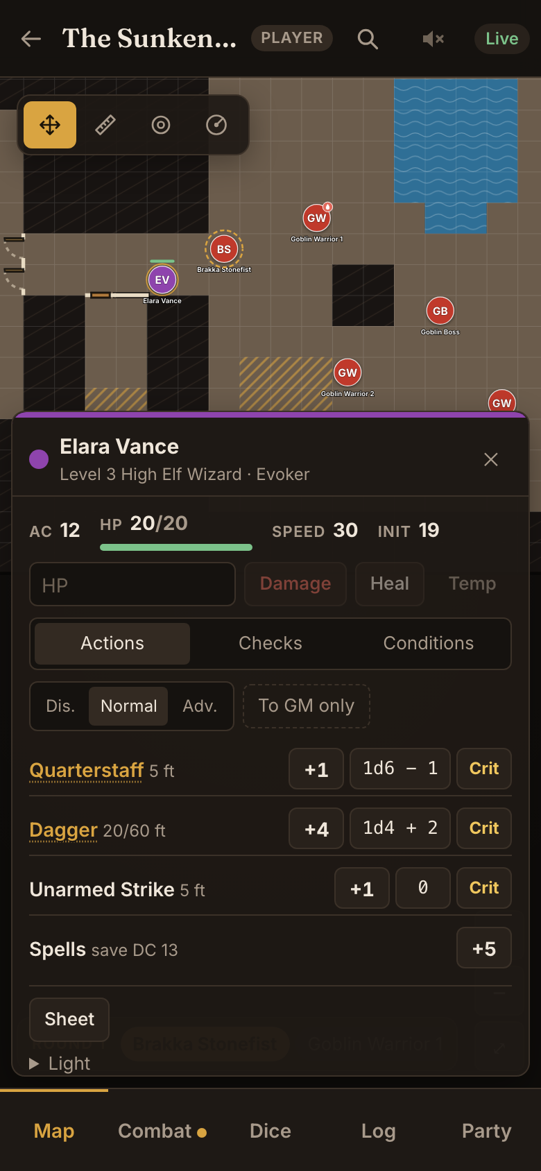 A player's phone: the map, with their character's attacks and checks in a sheet along the bottom.
