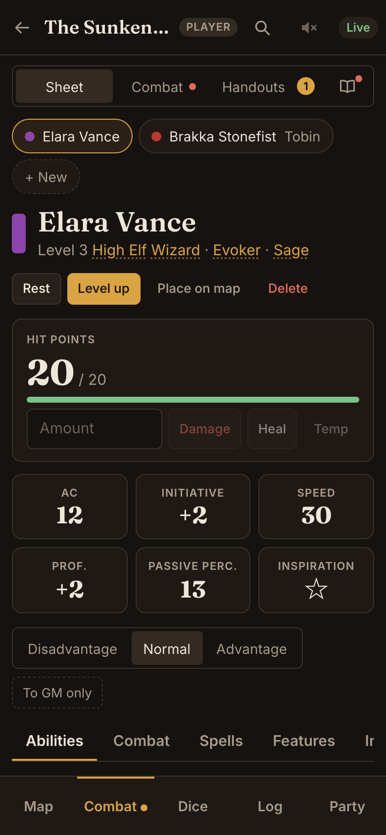 A wizard's character sheet on a phone: hit points, AC, initiative and speed.