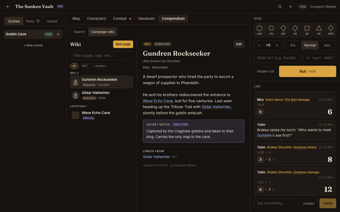 The campaign wiki: an NPC page with aliases, tags, linked text, GM-only secret notes and backlinks.